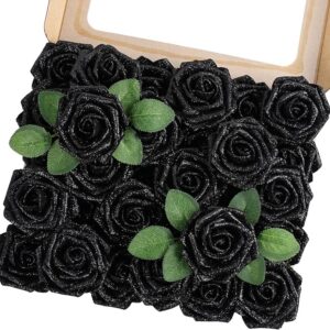 MACTING 30PCS Artificial Glitter Flowers, Black Fake Roses with Stem for Valentines Day Tree Ornaments Party Wreath Home Spring Indoor Decorations