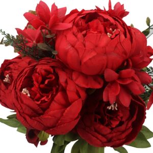 Duovlo Springs Flowers Artificial Silk Peony Bouquets Wedding Home Decoration,Pack of 1 (Spring Red)