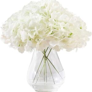 Hydrangea Silk Flower White 10 Heads Artificial Hydrangea Silk Flowers Head for Wedding Centerpieces Bouquets DIY Floral Decor Home Decoration with Long Stems - White