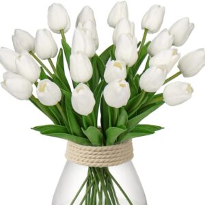 24 Pcs White Tulips Artificial Flowers Real Touch Fake Tulips Fake Flowers for Decoration 13.5" Faux Tulips Faux Flowers Bulk Artificial Tulips Flowers for Vase Centerpieces Home Wedding Bouquet